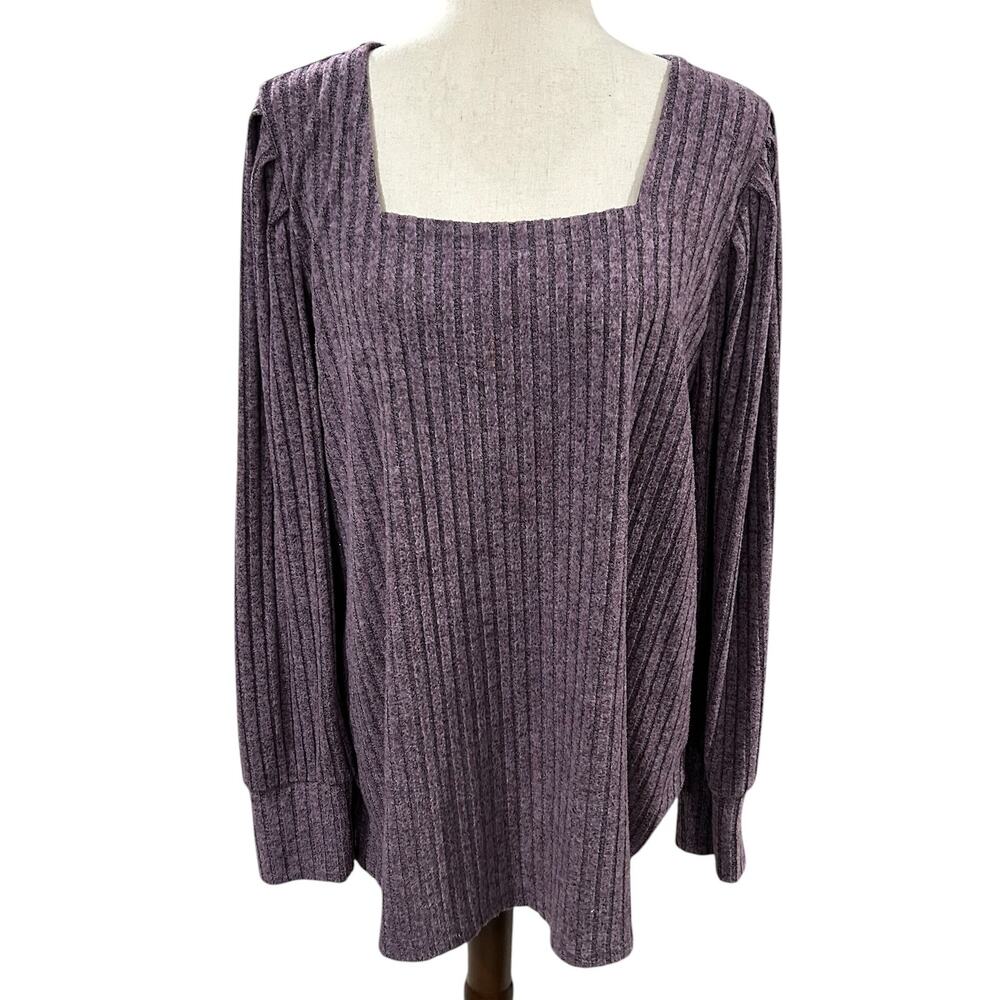 Wiholl Purple Ribbed Puff Sleeve Semi Sheer Purple Sweater Plus Size 3XL